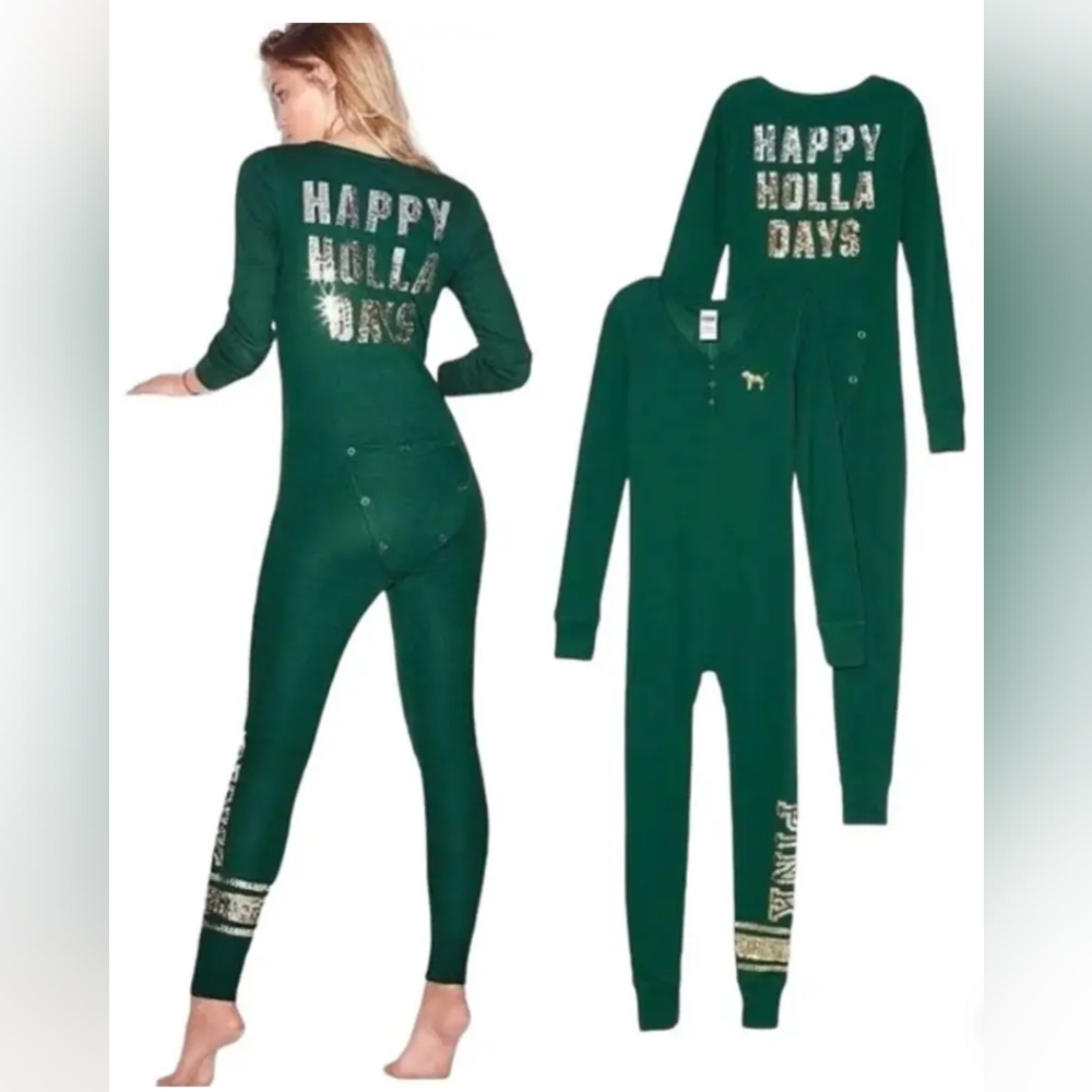 Pink Victoria's Secret green gold sequined onesie pajamas size XS